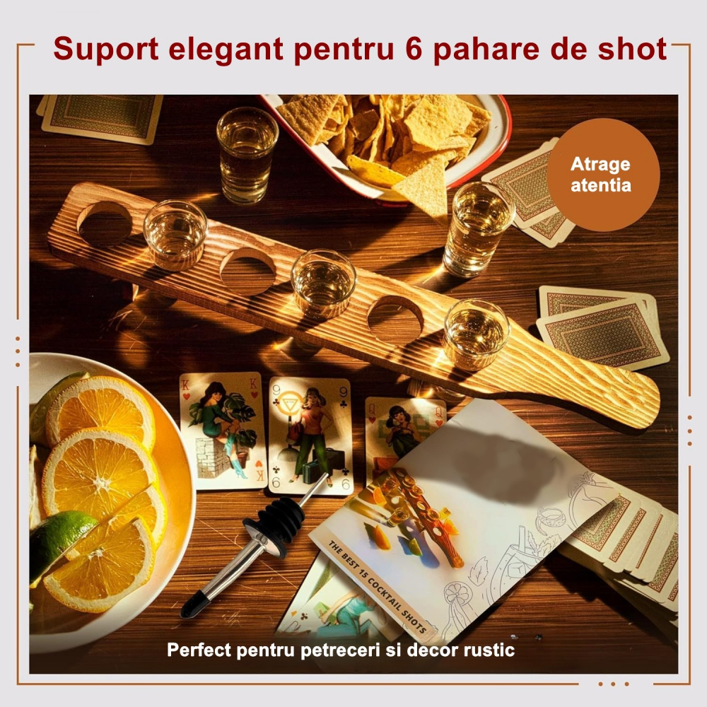 Set 6 pahare shot din sticla  cu suport din lemn, design rustic, 49.5 x 7 x 6.5 cm, maro [3]