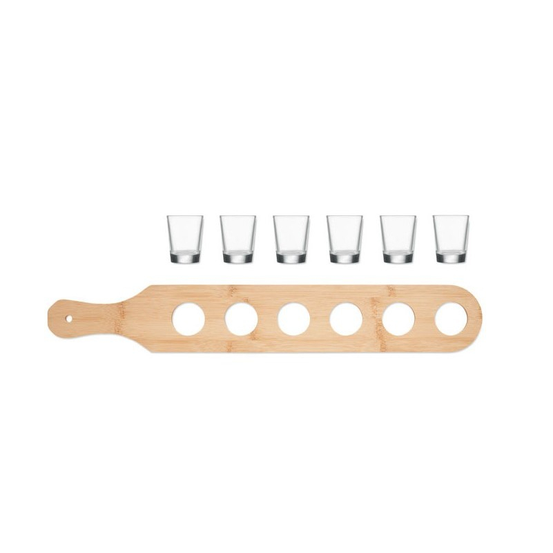 Set 6 pahare shot din sticla  cu suport din lemn, design rustic, 49.5 x 7 x 6.5 cm, maro [6]