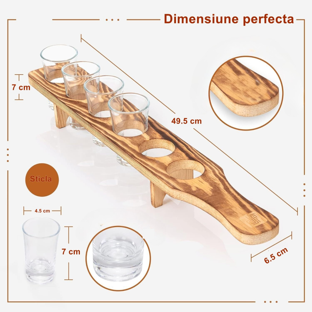 Set 6 pahare shot din sticla  cu suport din lemn, design rustic, 49.5 x 7 x 6.5 cm, maro [2]