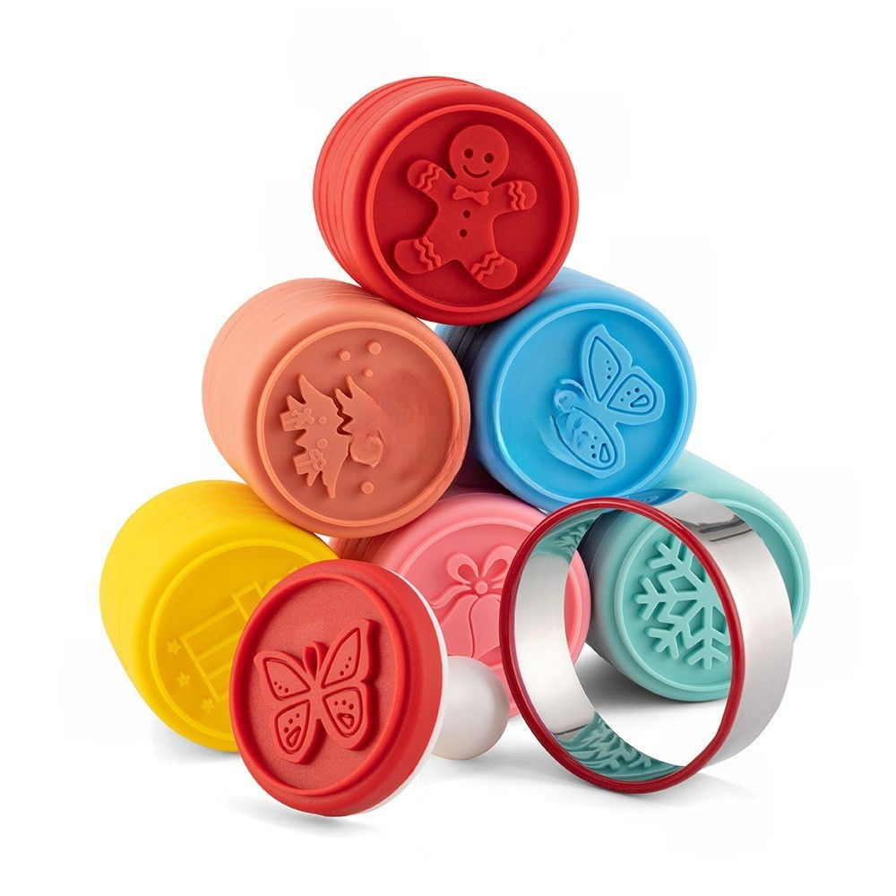 Set 6 stampile pentru prajituri  tematica de craciun, din silicon alimentar non-toxic, taietor aluat inclus, 6 cm,  maner din plastic, compact, usor de depozitat, [1]