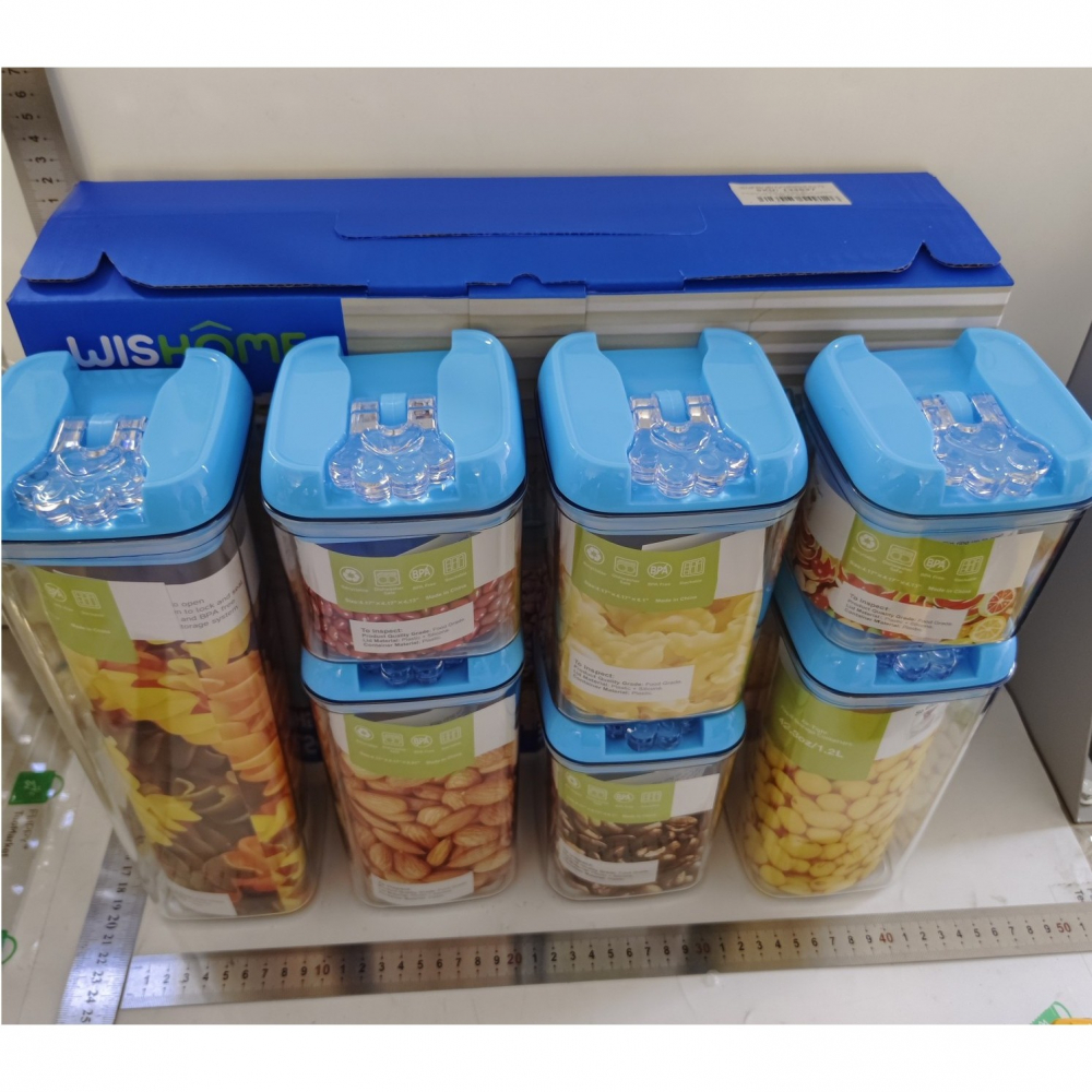 Set 7 cutii de depozitare alimente, 2 x 500ml, 2 x 800ml, 2 x 1200ml, 1 x 1900 ml, capac albastru, din pp+pet, inchidere ermetica, transparent [8]