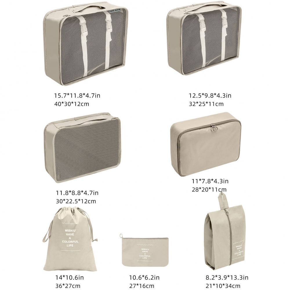 Set 7 genti de calatorie, pentru depozitare, compresibile, 7 dimensiuni, impermeabile, design cu plasa, pliabile, manere robuste, fermoar dublu, bej [3]