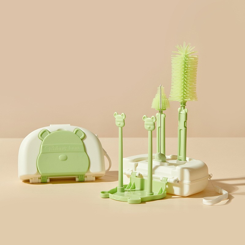 Set 7 piese de spalat/uscat biberoane, portabil, peri de silicon, pentru tetine, suzete, biberoane, paie, cutie inclusa, 16 x 11 x 5 cm, model ursulet, verde [3]