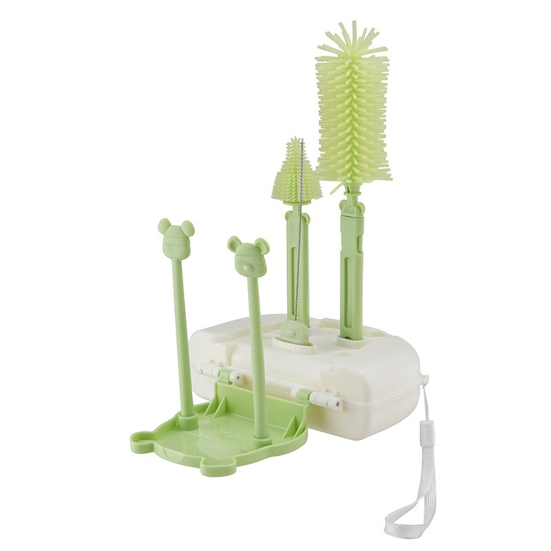 Set 7 piese de spalat/uscat biberoane, portabil, peri de silicon, pentru tetine, suzete, biberoane, paie, cutie inclusa, 16 x 11 x 5 cm, model ursulet, verde [2]