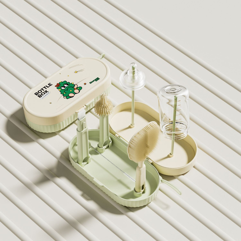 Set 7 piese de spalat/uscat biberoane, portabil, peri de silicon, pentru tetine, suzete, biberoane, paie, cutie inclusa, 20 x 9.5 cm, verde [5]