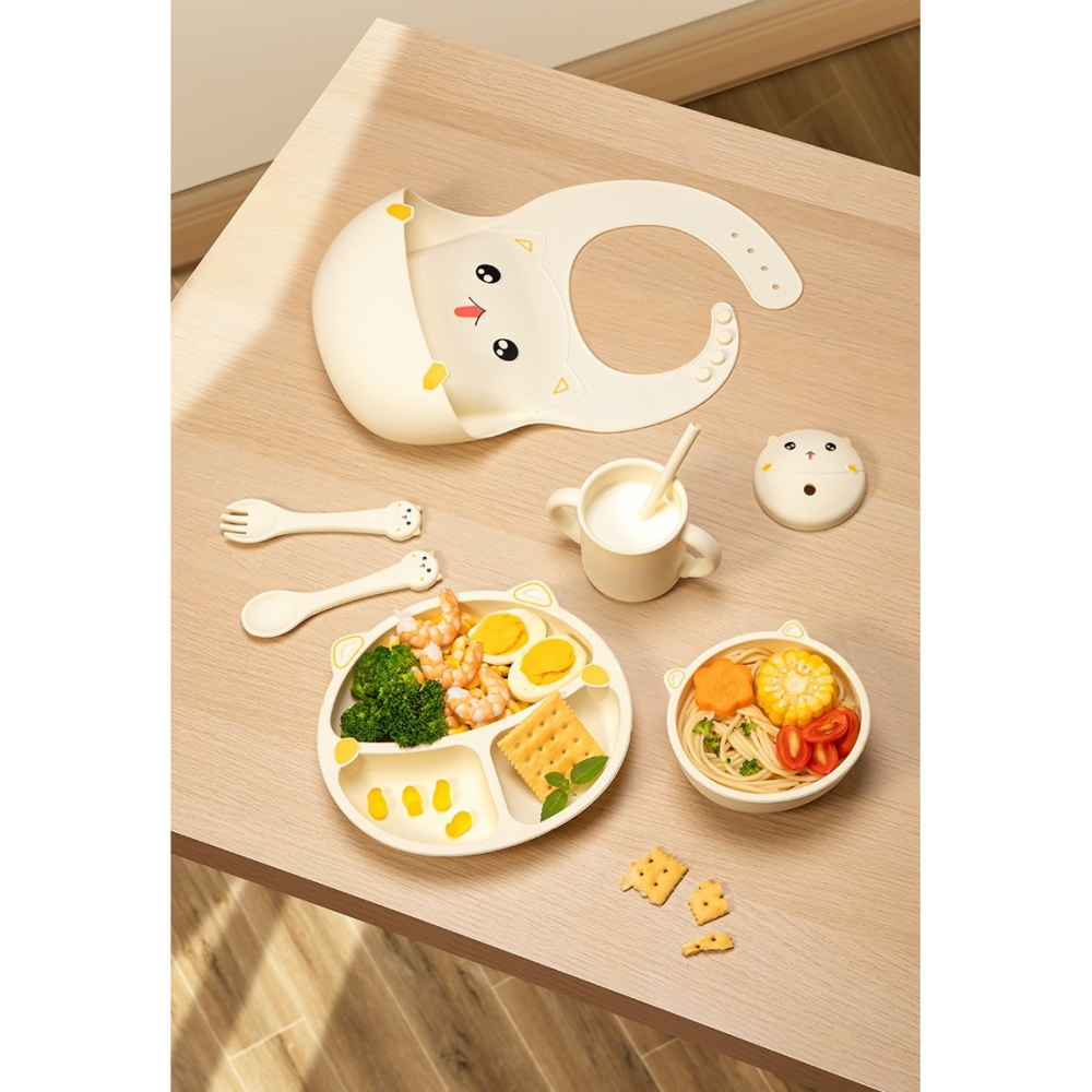 Set 7 piese hranire bebelusi si copii, din silicon, fara bpa, de la 12 luni, model pisicuta, 30 x 25 x 6 cm, bej [2]