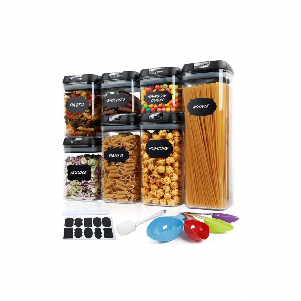 Set 7 recipiente organizare alimente, inchidere etansa, etichete reutilizabile, cupe masurare, 4 dimensiuni diferite, din plastic dur, transparent [10]