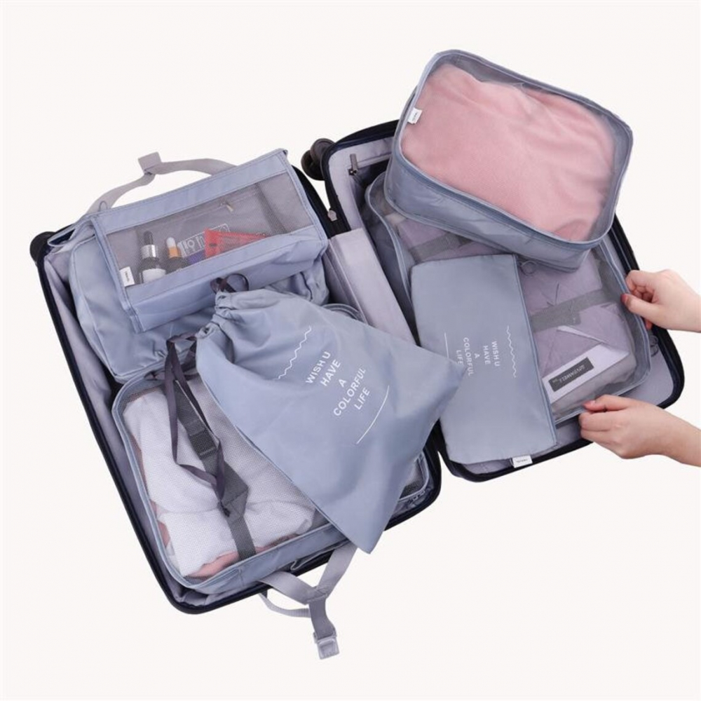 Set 8 huse organizare bagaj  material poliester, impermeabil, cu fermoar, pentru calatorii sau dulap, sac pentru pantofi inclus, pliabil, gri [4]