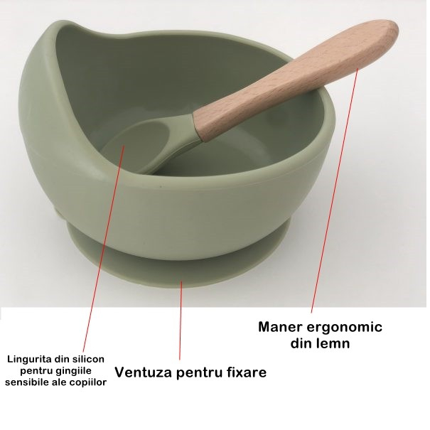 Set 8 piese diversificare bebelusi si copii din silicon  baveta, farfurie compartimentata cu ventuza, bol cu ventuza, tacamuri din lemn si silicon, cana pentru gustari, fara alergeni, verde inchis [2]