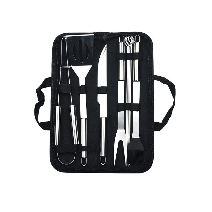 Set 9 ustensile pentru gratar, din otel inoxidabil, geanta oxford, argintiu [1]