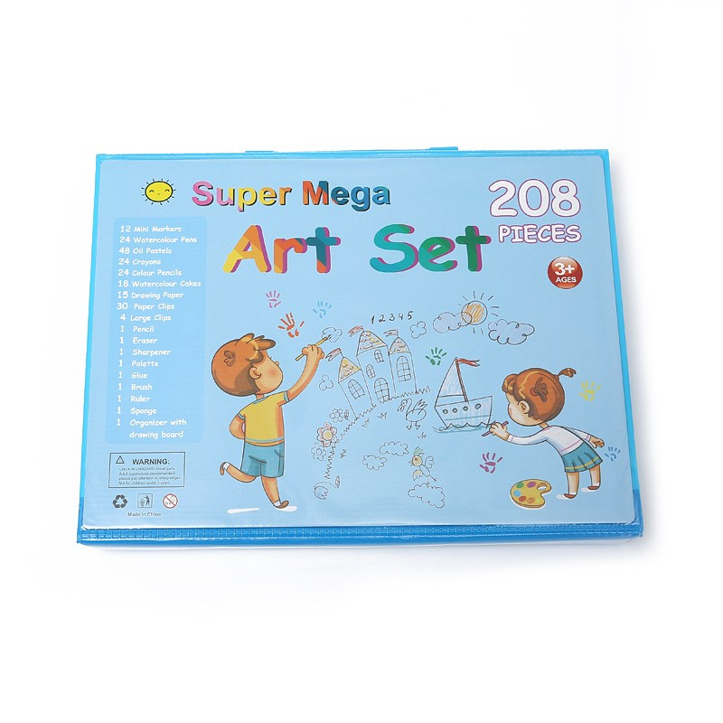 Set complet pentru desen si pictura, 208 piese, creioane, markere, acuarele cu apa si ulei, pixuri, hartie de desen, radiera, ascutitoare, radiera, suport pentru planse, albastru, cutie mica, english [1]