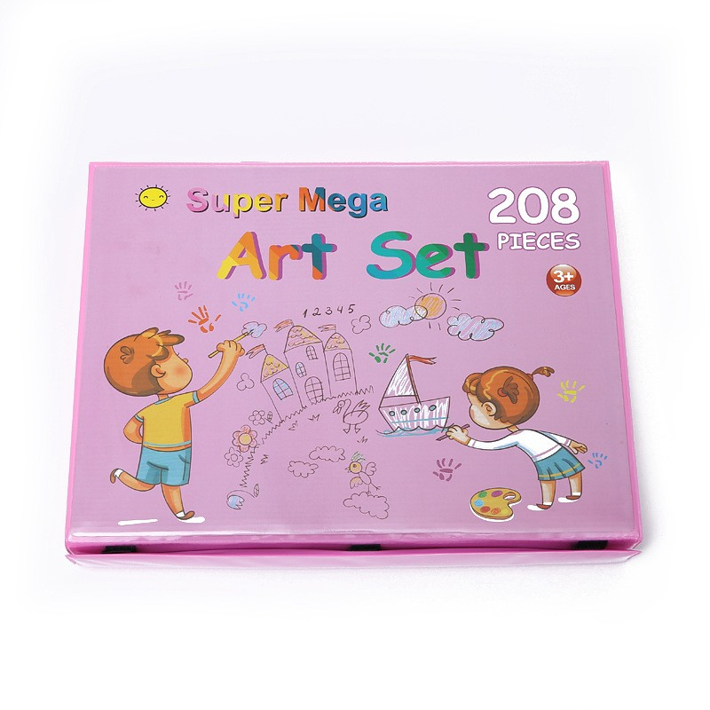 Set complet pentru desen si pictura, 208 piese, creioane, markere, acuarele cu apa si ulei, pixuri, hartie de desen, radiera, ascutitoare, radiera, suport pentru planse, roz, cutie mica, english [1]