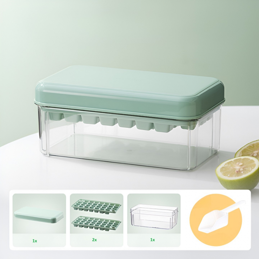 Set cutie pentru gheata, uz casnic, doua tavite pentru cuburi, capac etans, lopata, 23.5x13.3x10 cm, verde [11]