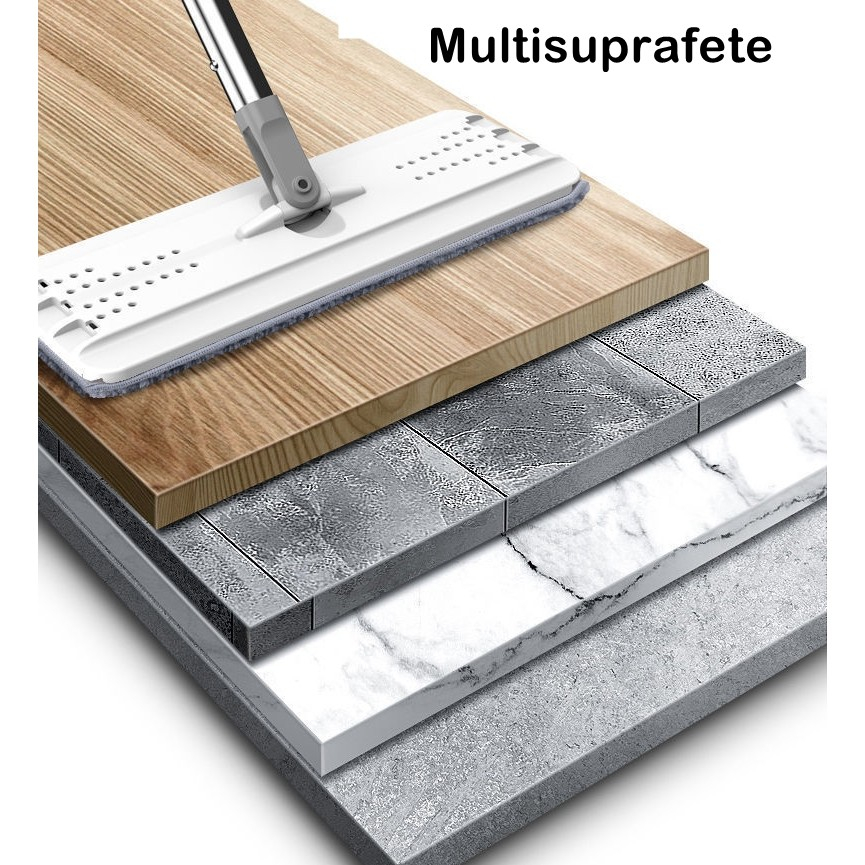 Set de curatenie mop si galeata, galeata 5.7 l, 4 rezerve microfibra incluse, design modern, pentru interior, material plastic, peri sintetici, plat, cu storcere, alb [4]