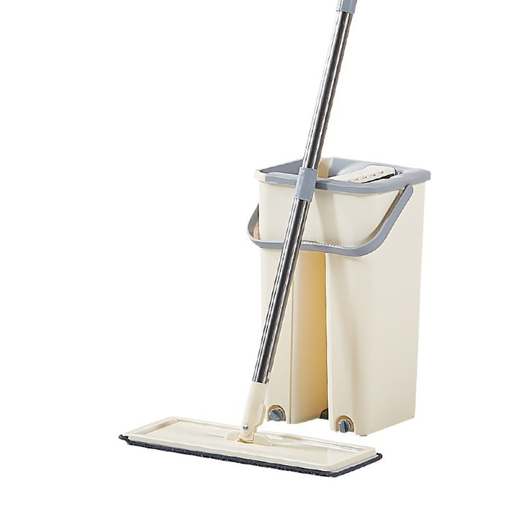 Set de curatenie mop si galeata, galeata 6 l, 2 rezerve microfibra incluse, design modern, pentru interior, material plastic, peri sintetici, plat, cu storcere, bej [5]