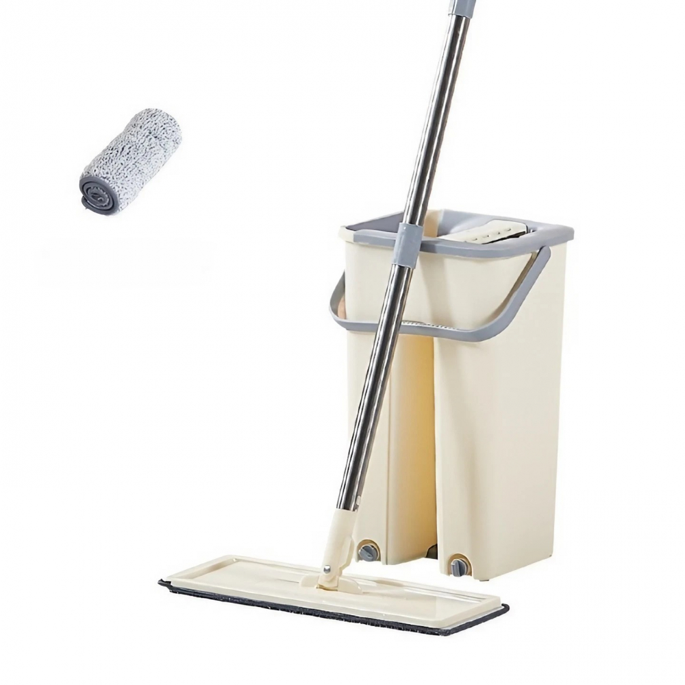 Set de curatenie mop si galeata, galeata 6 l, 2 rezerve microfibra incluse, design modern, pentru interior, material plastic, peri sintetici, plat, cu storcere, bej [3]
