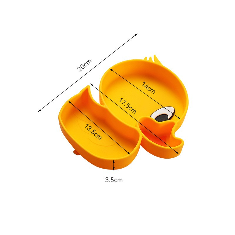 Set diversificare bebelusi  din silicon, 20 x 17.5 cm, 1 farfurie compartimentata in forma de rata, lingurita si furculita, pai, perie pai, fara alergeni, ventuza fixare,  forma creativa,  galben [7]