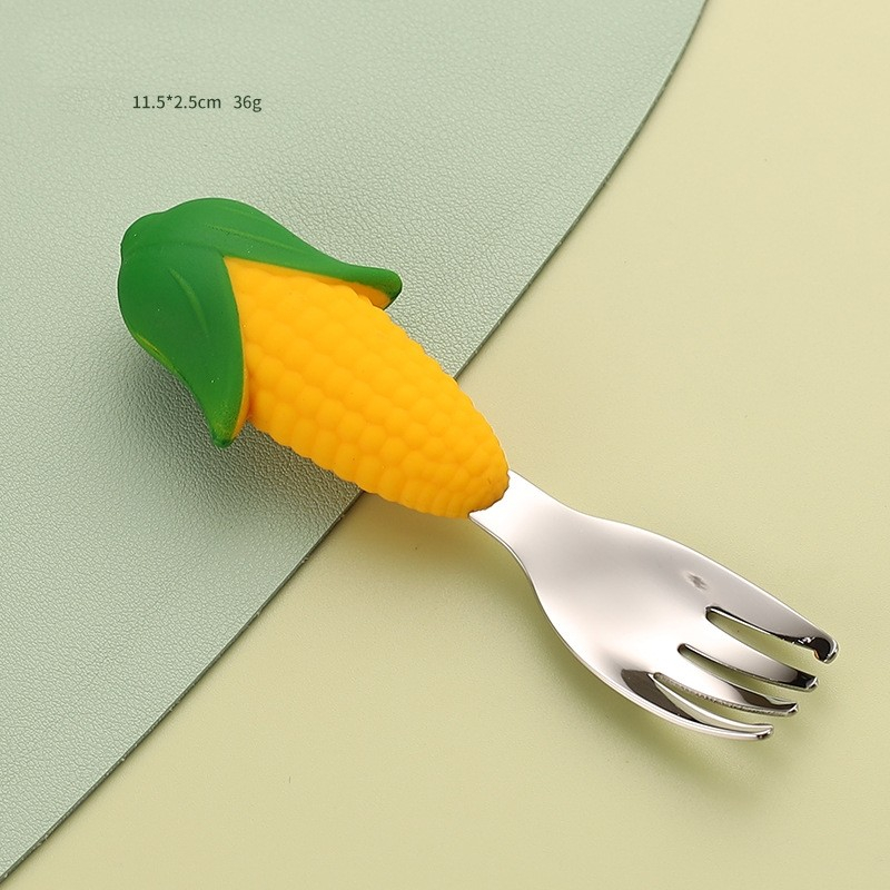 Set diversificare bebelusi  din silicon, 23.5 x 12.5 cm, 1 farfurie compartimentata in forma de porumb, lingurita si furculita, pai, perie pai, fara alergeni, ventuza fixare,  forma creativa,  galben [2]