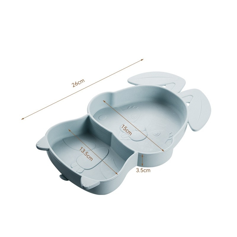 Set diversificare bebelusi  din silicon, 26 x 15 cm, 1 farfurie compartimentata in forma de iepure, lingurita si furculita, pai, perie pai, fara alergeni, ventuza fixare,  forma creativa,  bleumarin [5]