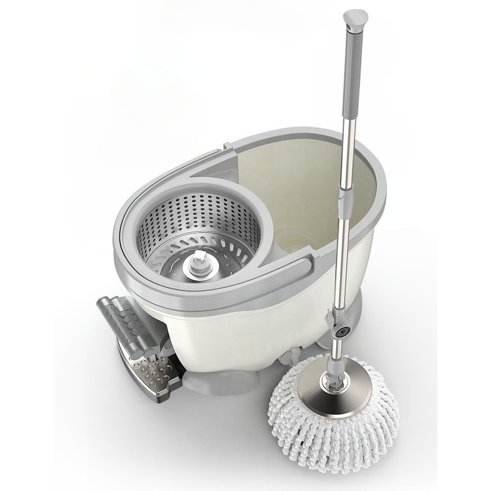Set galeata cu pedala si mop rotativ 360°, cu actiune centrifuga x4, pentru uz casnic, maner din otel inoxidabil telescopic, 2 capte din bumbac, 46x30x28 cm, alb ivoir [2]