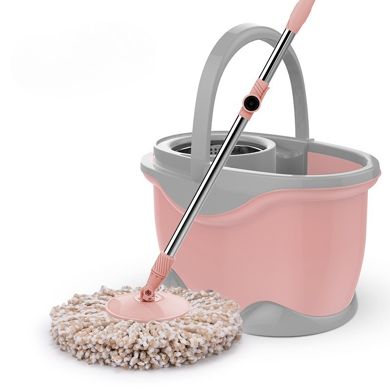 Set galeata si mop rotativ 360°, cu dubla actiune centrifuga, pentru uz casnic, maner din otel inoxidabil telescopic, 2 capte din bumbac, 46x27x29 cm, roz [4]