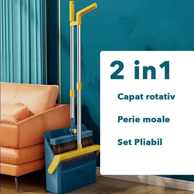 Set matura si faras cu coada cu dinti de pieptene pentru curatare matura, rotativ, pliabil, detasabil, otel inoxidabil si polipropilena, 99 x 30 cm albastru [2]