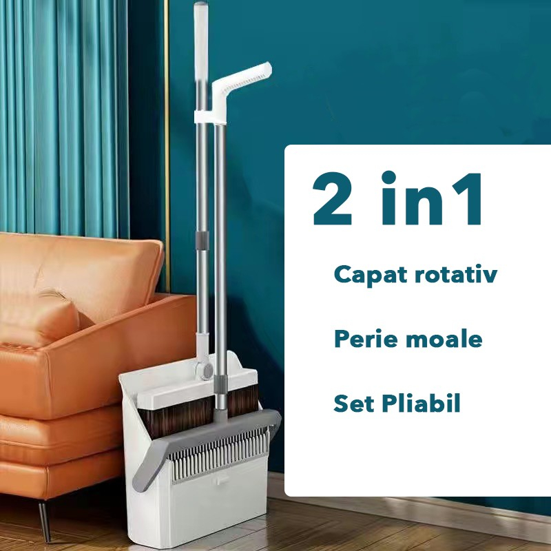Set matura si faras cu coada cu dinti de pieptene pentru curatare matura, rotativ, pliabil, detasabil, otel inoxidabil si polipropilena, 99 x 30 cm gri [2]
