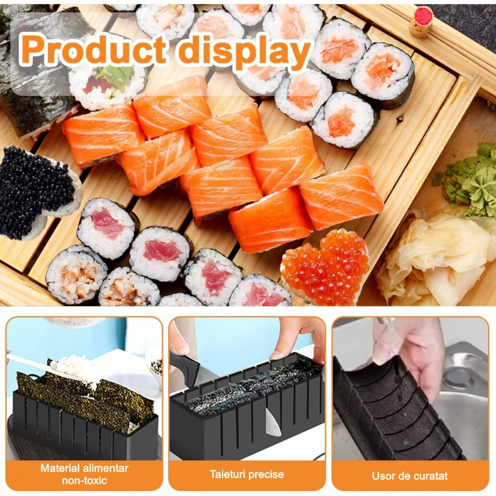 Set ustensile pentru facut sushi  10 piese, forma inima inclus, 3 forme clasice, extensibil, finisaj lucios, material abs, curatare usoara, negru [2]