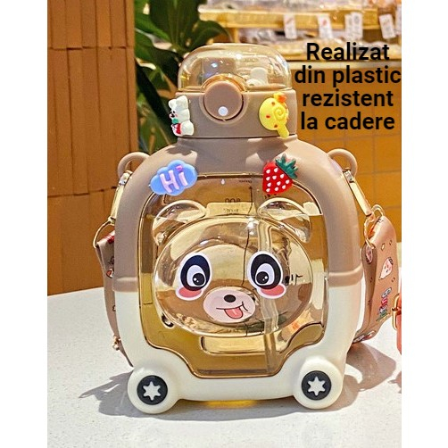 Sticla cu pai pentru copii, model ursulet, gradata, stickere aplicate, curea reglabila, din plastic rezistent la cadere, 1l, maro, 20 x 13 cm [4]