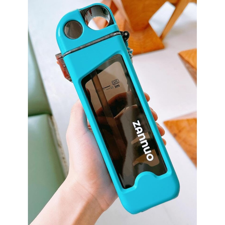 Sticla de apa pentru sport, 350 ml, cu pai si capac, 23x7x4.4 cm, buton de blocare, din pc, bleu [5]