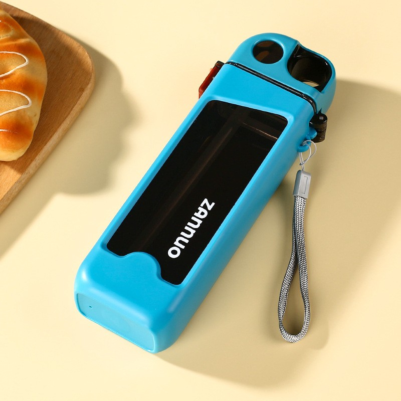 Sticla de apa pentru sport, 350 ml, cu pai si capac, 23x7x4.4 cm, buton de blocare, din pc, bleu [3]