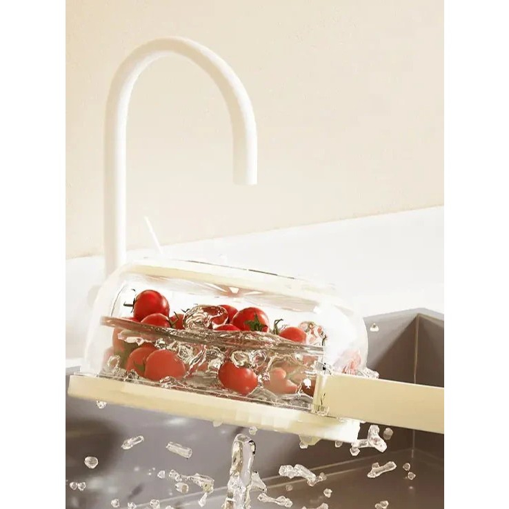 Strecuratoare 2 in 1 pentru fructe si legume, cos de scurgere si cutie de depozitare, 15.5 x 8.3 cm, din pp, cu maner si capac, alb [5]