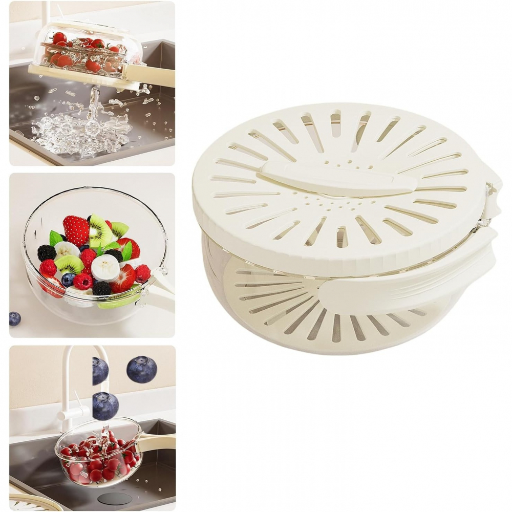 Strecuratoare 2 in 1 pentru fructe si legume, cos de scurgere si cutie de depozitare, 15.5 x 8.3 cm, din pp, cu maner si capac, alb [3]