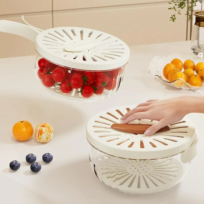 Strecuratoare 2 in 1 pentru fructe si legume, cos de scurgere si cutie de depozitare, 15.5 x 8.3 cm, din pp, cu maner si capac, alb [7]