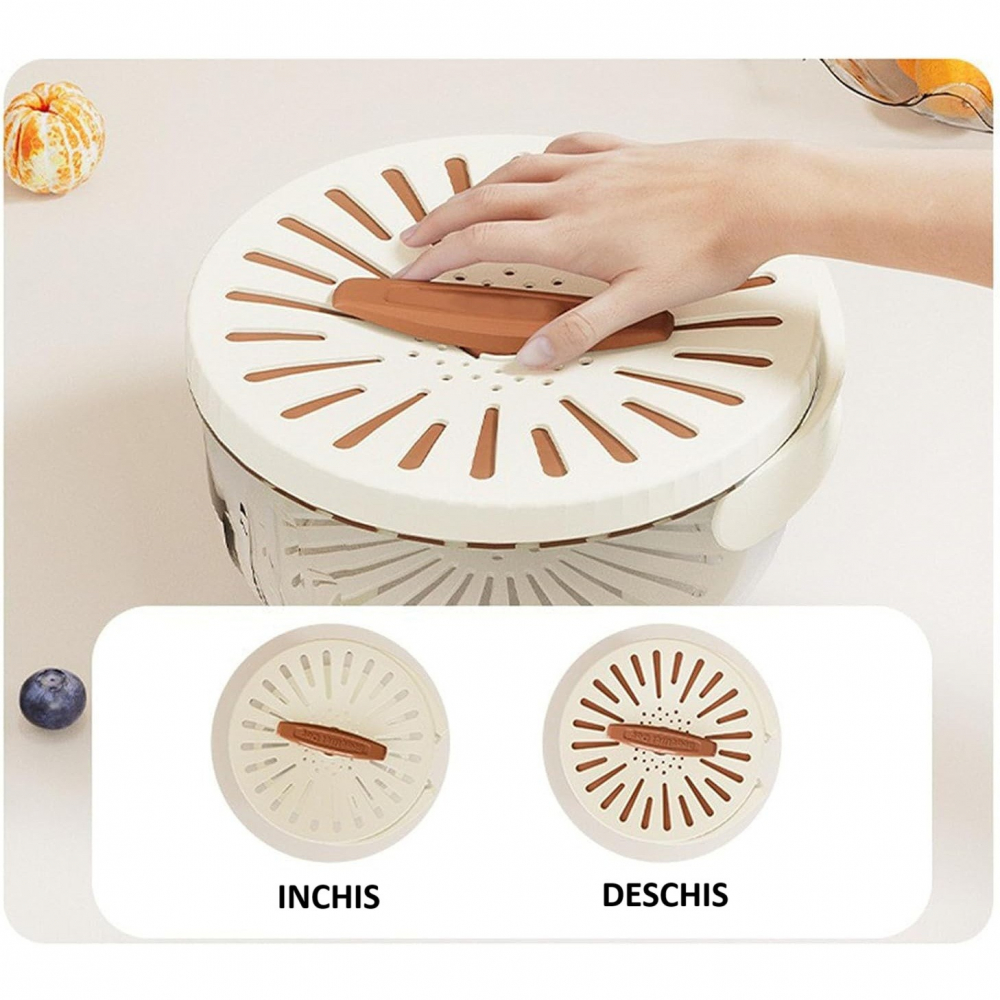 Strecuratoare 2 in 1 pentru fructe si legume, cos de scurgere si cutie de depozitare, 15.5 x 8.3 cm, din pp, cu maner si capac, maro [3]