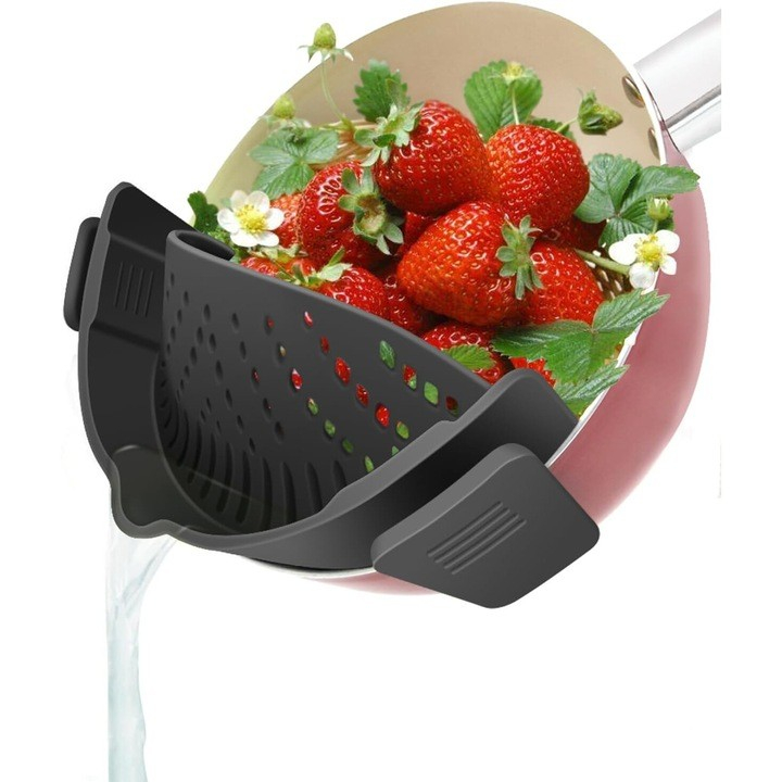 Strecurator filtru pentru vase, din silicon rezistent la temperaturi inalte, universal, paste, legume, fructe, 23x12.5x6.7 cm negru [2]