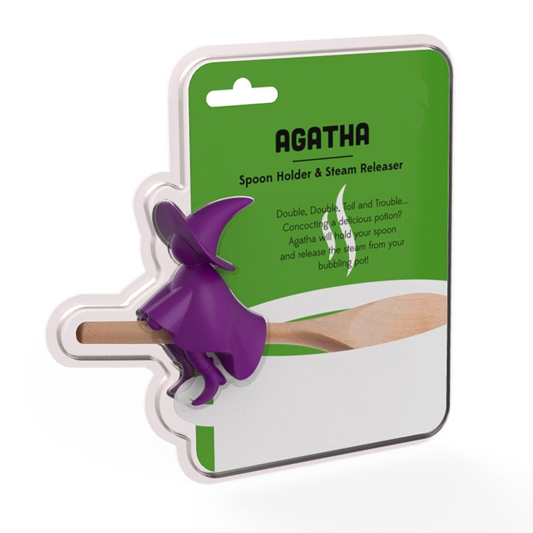 Suport capac anti-varsare, suport lingura pentru oala, model vrajitoare, din silicon, mov [4]