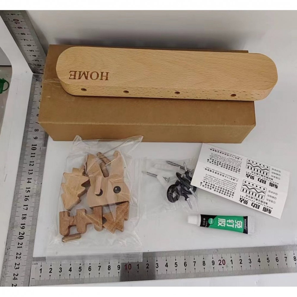 Suport pentru chei, din lemn, aplicare fara perforare, adeziv inclus, 5 carlige negre, model iepure, greutate suportata 5 kg, 13.5 x 22 cm, maro [6]