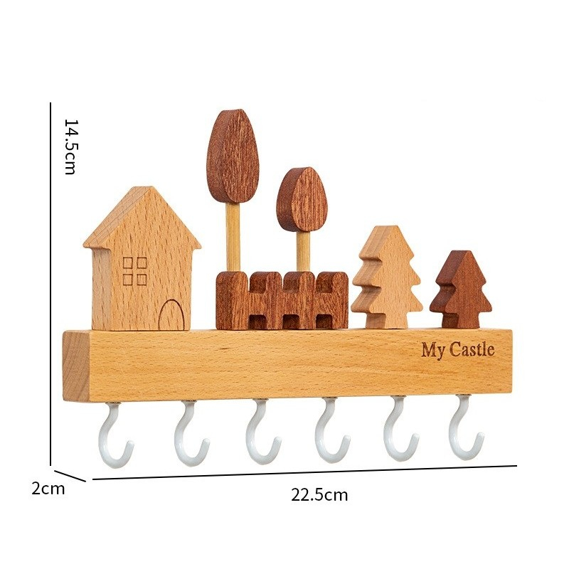 Suport pentru chei, din lemn, aplicare fara perforare, adeziv inclus, 6 carlige albe, model casuta, greutate suportata 5 kg, 14.5 x 2 x 22.5 cm, maro [2]