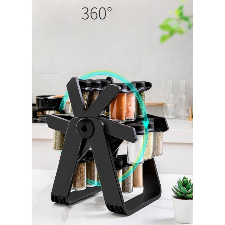 Suport pentru condimente rotativ, multifunctional, pivotant 360°, portabil, usor de montat, 34x23 cm, abs/sticla, negru [11]