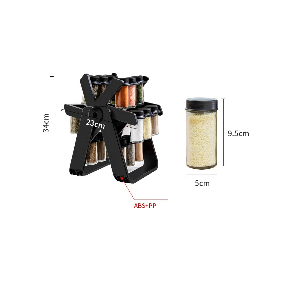 Suport pentru condimente rotativ, multifunctional, pivotant 360°, portabil, usor de montat, 34x23 cm, abs/sticla, negru [10]