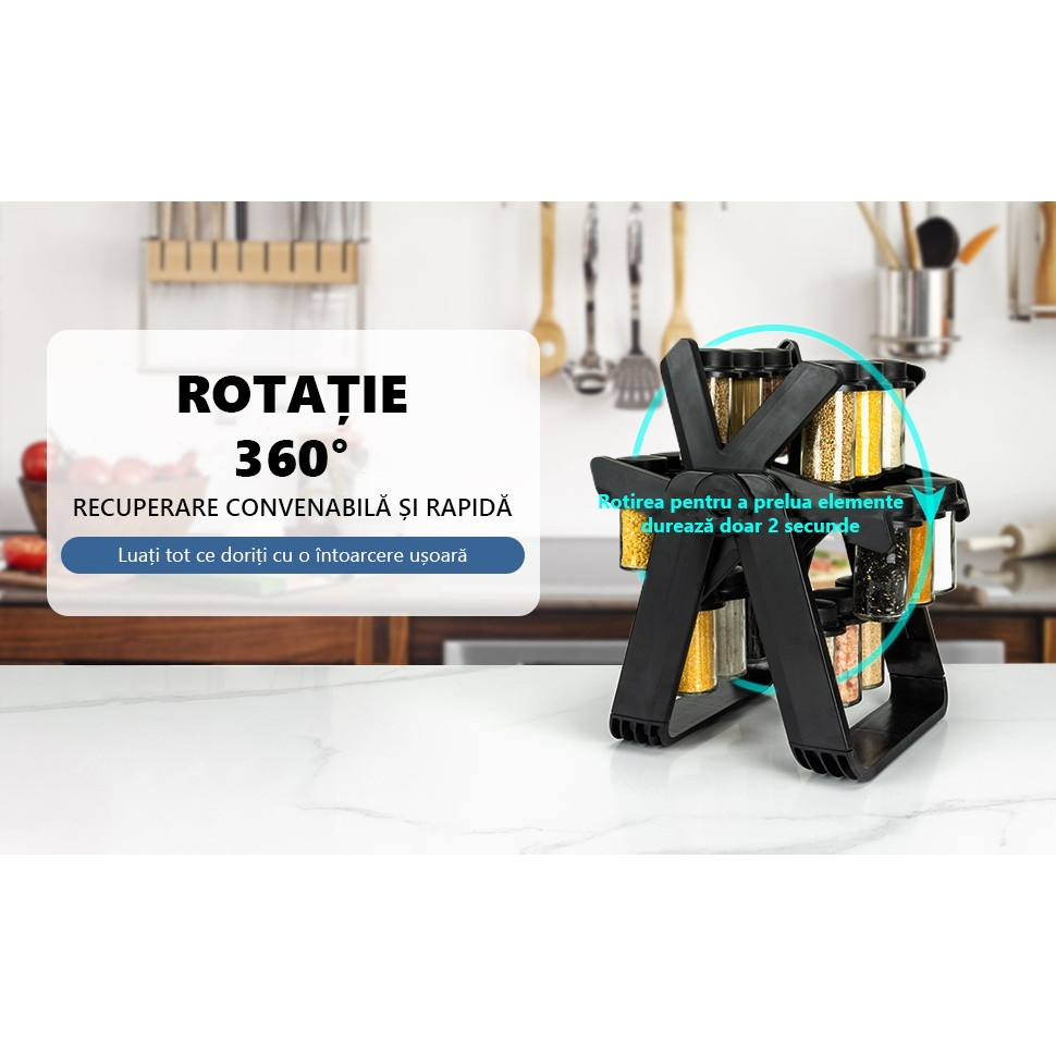Suport pentru condimente rotativ, multifunctional, pivotant 360°, portabil, usor de montat, 34x23 cm, abs/sticla, negru [7]