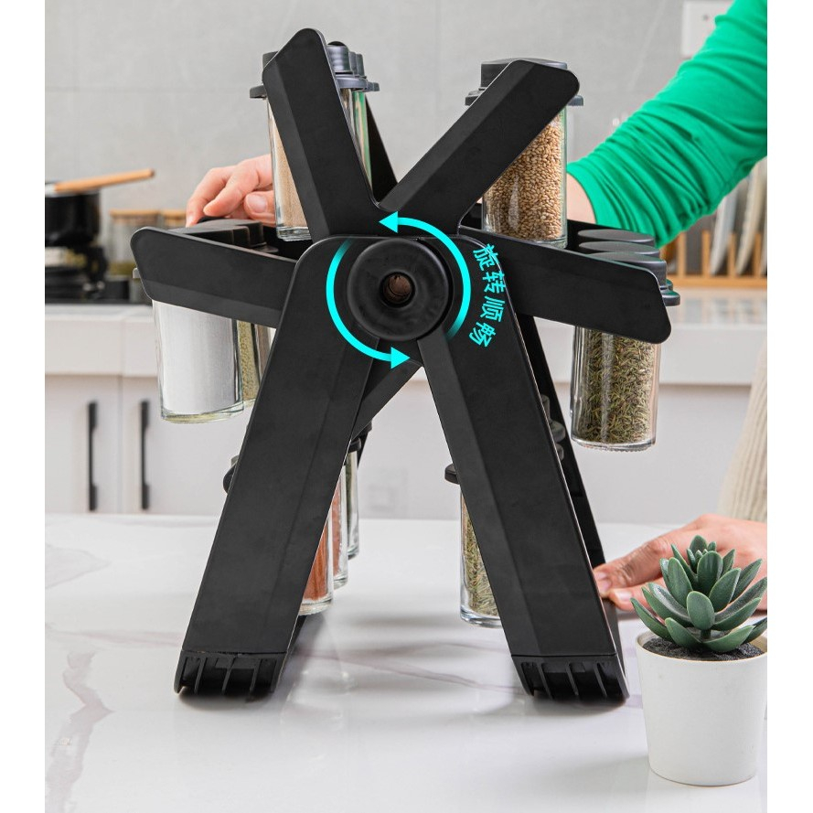 Suport pentru condimente rotativ, multifunctional, pivotant 360°, portabil, usor de montat, 34x23 cm, abs/sticla, negru [12]