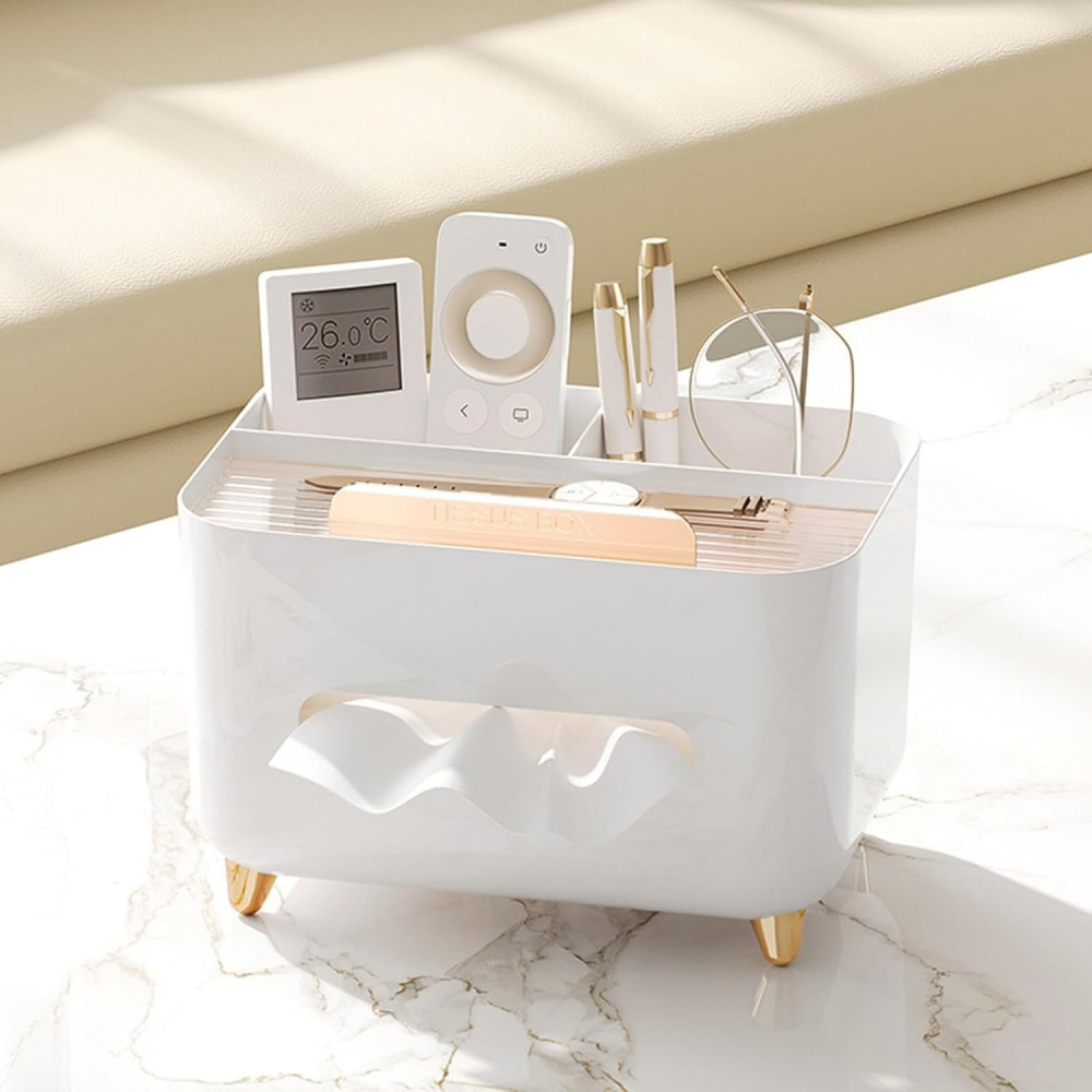 Suport pentru servetele, cutie multifunctionala, design minimalist, abs, cu suport pentru obiectele personale, pentru birou, 21x15x13 cm, alb [5]