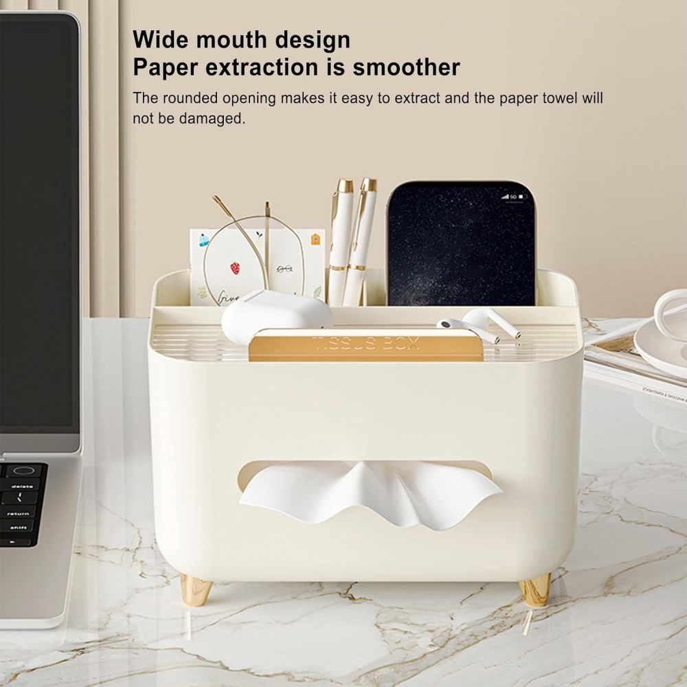 Suport pentru servetele, cutie multifunctionala, design minimalist, abs, cu suport pentru obiectele personale, pentru birou, 21x15x13 cm, crem [2]