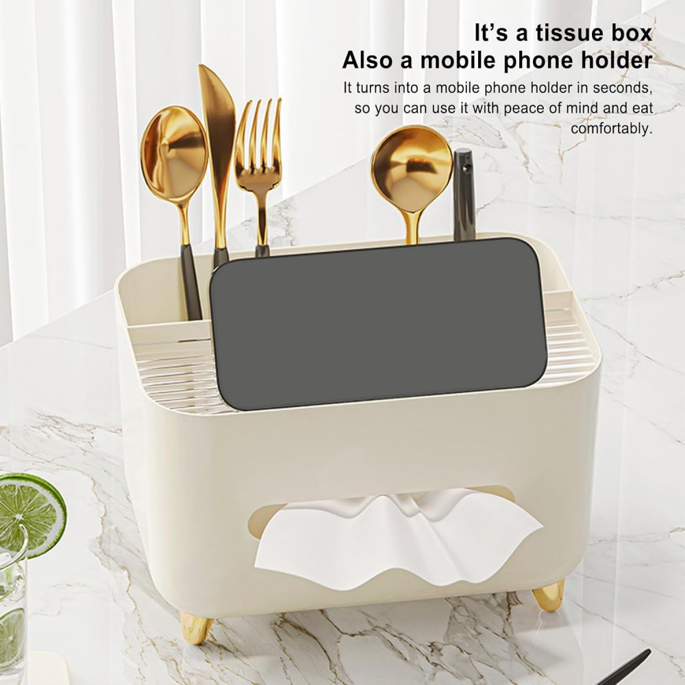 Suport pentru servetele, cutie multifunctionala, design minimalist, abs, cu suport pentru obiectele personale, pentru birou, 21x15x13 cm, crem [3]