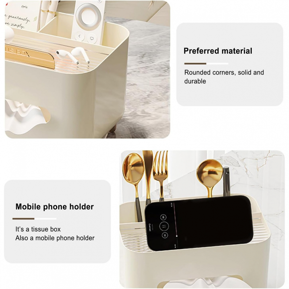 Suport pentru servetele, cutie multifunctionala, design minimalist, abs, cu suport pentru obiectele personale, pentru birou, 21x15x13 cm, crem [4]