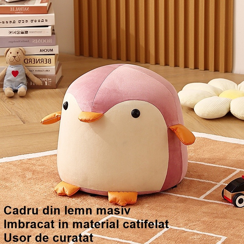 Taburet pentru copii, cadru din lemn masiv, 25 x 29 x 29 cm, perna de burete elastica si maner de transport, in forma de pinguin, roz [5]