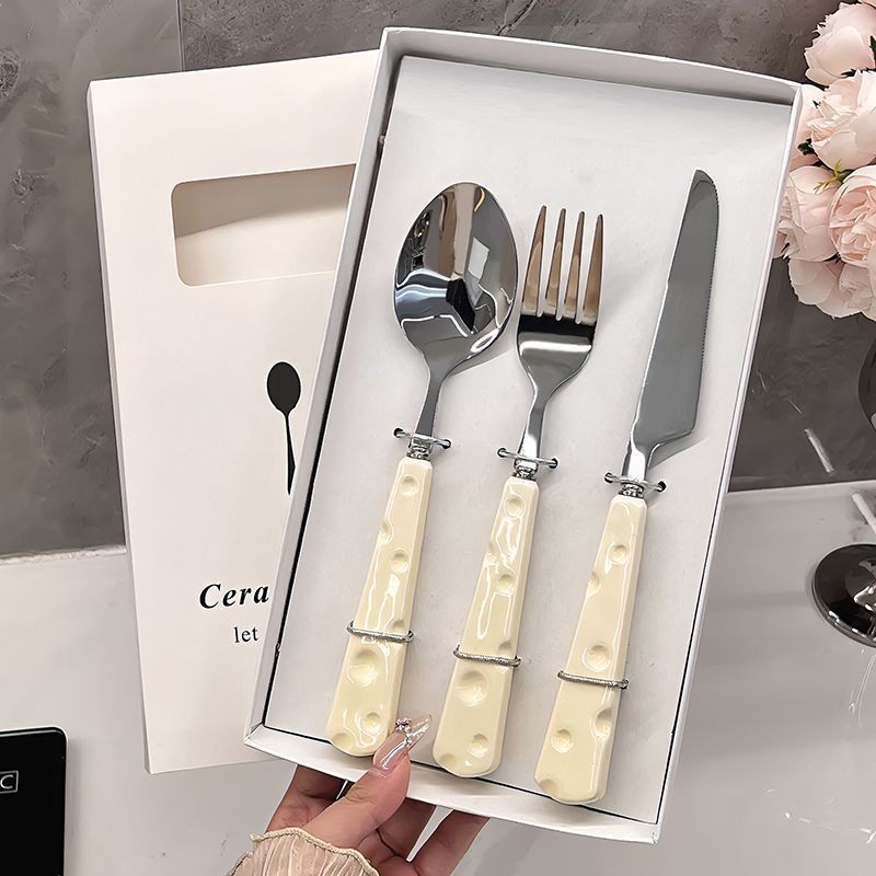 Tacamuri pentru copii, set 3 piese, tacamuri pentru dejun, lingura furculita cutit, stil italian, manere forma cascaval plastic, inox, 23 cm, auriu [2]
