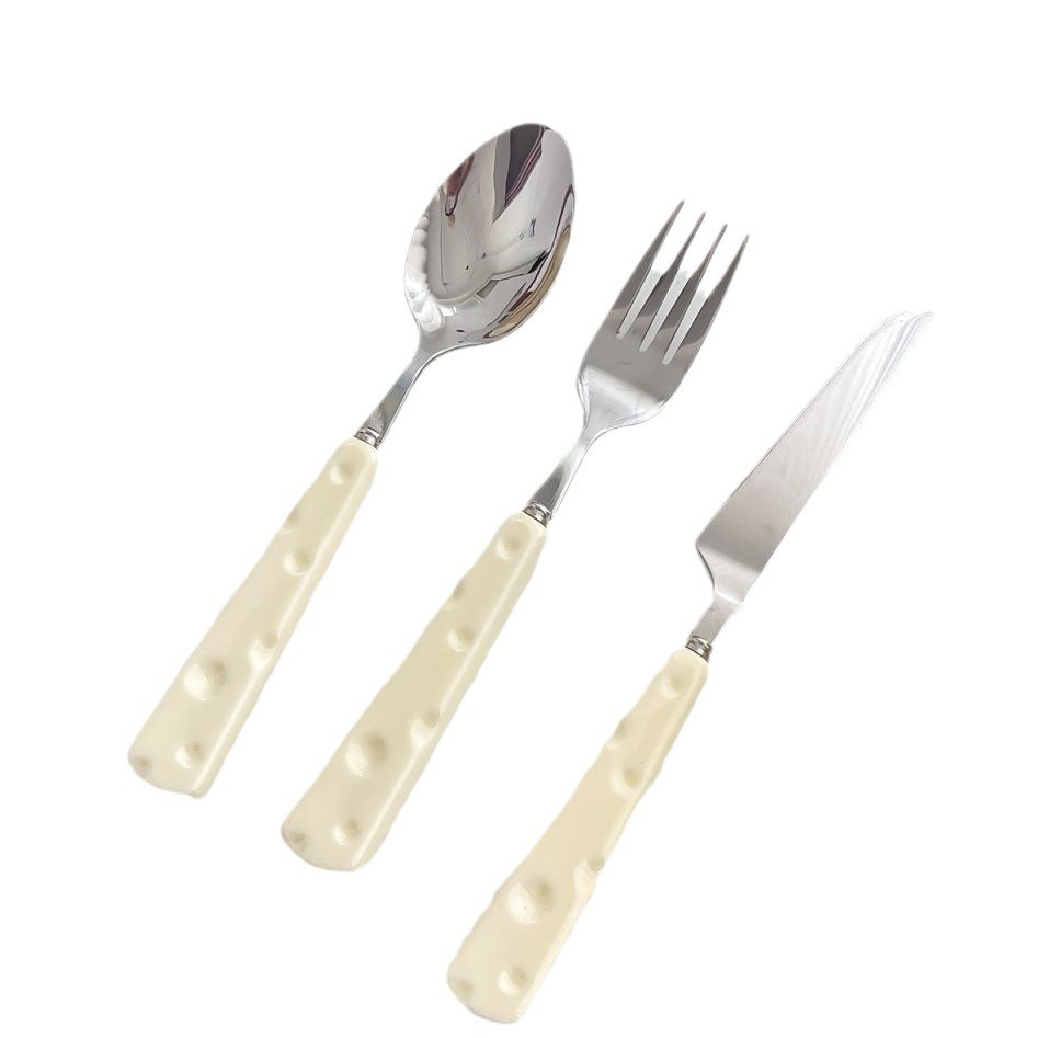 Tacamuri pentru copii, set 3 piese, tacamuri pentru dejun, lingura furculita cutit, stil italian, manere forma cascaval plastic, inox, 23 cm, auriu [1]